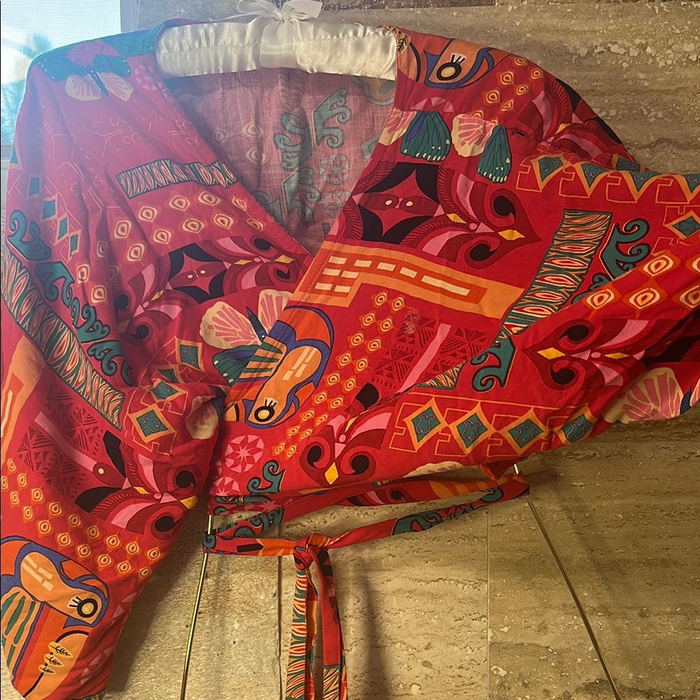 Vibrant Red Patterned Wrap Top - image 1